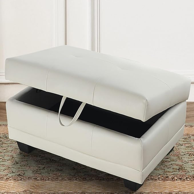Ottoman Rectangular Storage Ottoman Bench, Faux Leather Footrest, Coffee Table, Stool Footstool with Hinged Lid for Living Room, Bedroom, Entryway, White, 33"x21"x17.5"-Ruum Studio Home