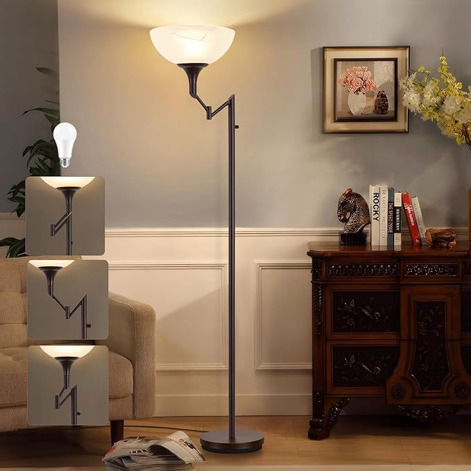 Floor Lamps for Living Room Bronze, 71" Tall Standing Lamp with Glass Shade, Vintage Floor Lamp with 350°Adjustable Swing Arm Lamp, Pole lamp for Bedroom, Living Room, Office, Bulbs Included-Ruum Studio Home