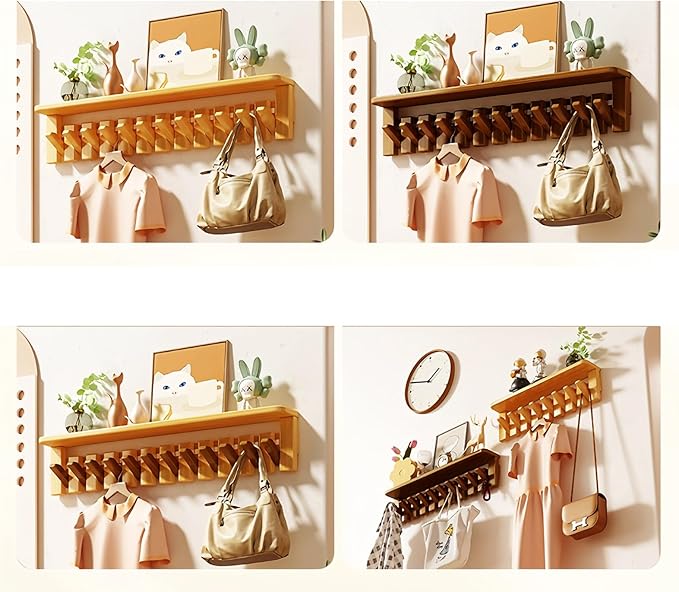Wall Mounted Piano Key Hanger | Flip Style Hook | Entrance Wall Art Hook, Made of Oak Wood (3 Times Painted, 4 Times Polished) (Tray Walnut, 10Hooks)-Ruum Studio Home