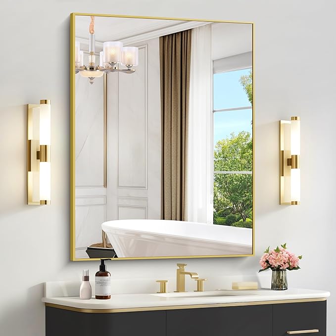 36x48inch Bathroom Mirror, Gold Rectangle Mirror with Thin Metal Frame, Large Rectangular Wall Mirrors for Bathroom, Living Room, Hair Salon, Big Farmhouse Mirror Hang Horizontal/Vertical-Ruum Studio Home