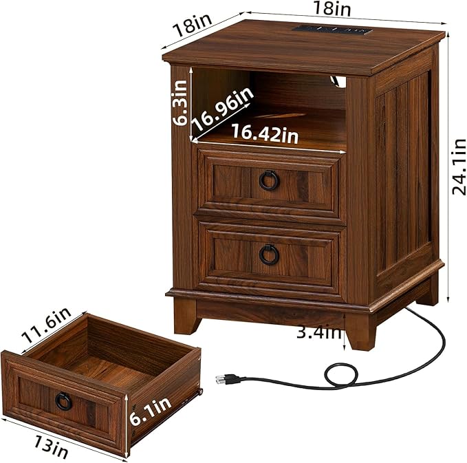 18" Farmhouse Night Stands Set of 2 with Charging Station, 2 & 3 Drawers End Table Dresser for Bedroom, Brown Wooden Nightstand, Bed Side Table with Open Shelf, Bedside Cabinet for Living Room-Ruum Studio Home