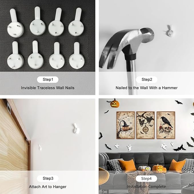 HLNIUC Vintage Halloween Decor Framed Gothic Skull Wall Art Set of 3(16”x24”) Floral Raven Crow Wall Decor,Horror Pumpkin Dark Academia Canvas Painting bats prints for Living Room Bedroom Goth Party-Ruum Studio Home