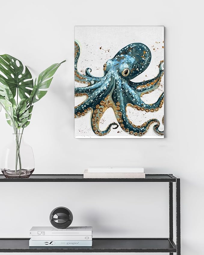 Nautical Octopus Canvas Wall Art Octopus Ocean Theme Print Poster Coastal Framed Picture Painting for Home Beach House Bedroom Wall Decor 8x10 Inch-Ruum Studio Home
