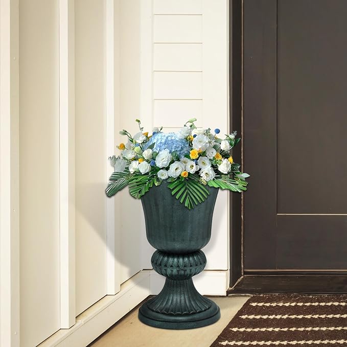 Athena Collection 20''H Garden Plastic Urn Vintage Tall Planter Urn Patio Large Flower Pot Porch Planter Large Planter for Indoor Outdoor Plant, Dark Green-Ruum Studio Home