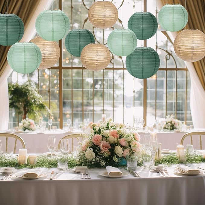 Paper Lanterns Decorative, Sage Green Forest Tan Hanging Round Chinese Lanterns with Lights for Rustic Party Sage Green Birthday Party 12 LED Light Pack of 12-Ruum Studio Home