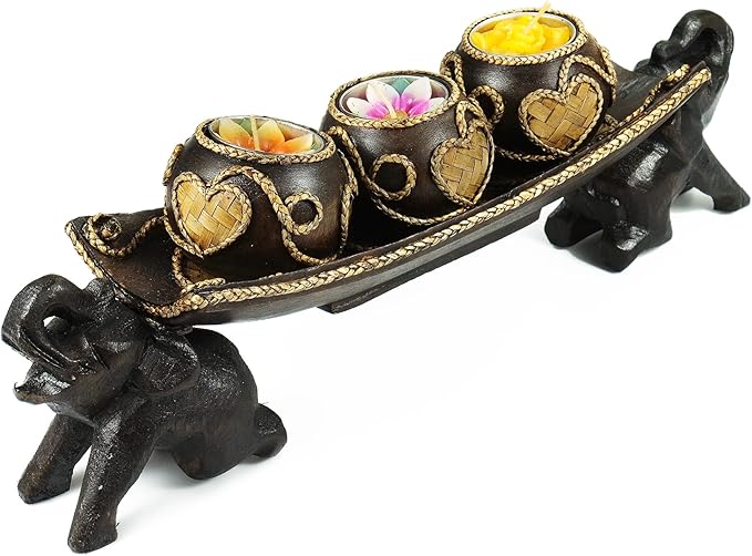 Thai Elephant Tray Carved Rain Tree Wooden Candle Holder-Ruum Studio Home