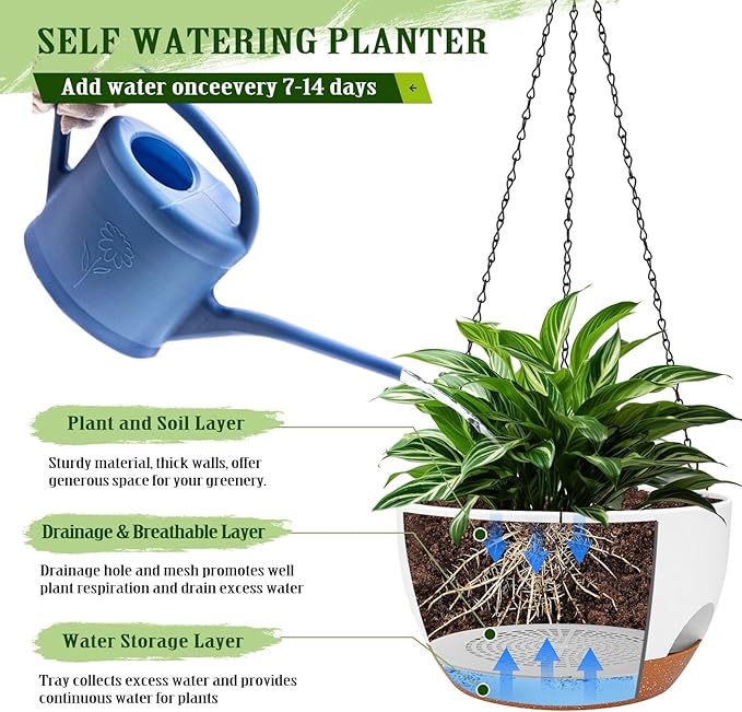Hanging Planters for Outdoor Indoor Plants, 2 Pack 12 Inch Hanging Basket Plants Outdoor, Self Watering Hanging Planter with Plant Hanger for Garden Home Decoration (White)-Ruum Studio Home