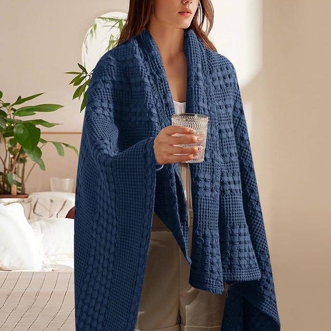 PHF 100% Cotton Waffle Weave Throw Blanket, Soft Lightweight Breathable Cozy Summer Throws for Couch Bed Sofa, Luxury Aesthetic Woven Blanket for Home Decor & Office, 50"x60", Bright Navy-Ruum Studio Home