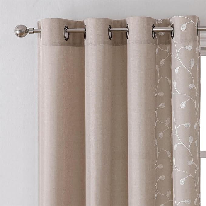 MIUCO Light Filtering Faux Linen Curtains, 63 Inch Length for Bedroom & Living Room, Linen Floral Embroidered Solid Mix and Match, Semi Sheer Grommet Farmhouse Drapes, 2 Panels Set-Ruum Studio Home