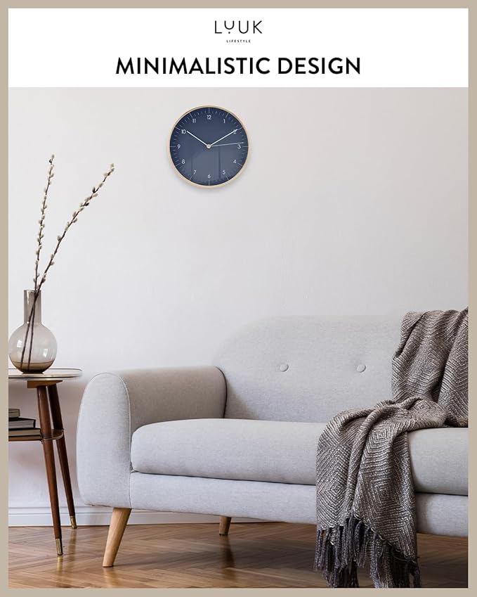 LUUK LIFESTYLE Modern Quartz Wall Clock with Silent Movement, Scandinavian Design, Kitchen and Living Room Clock, Gift idea, Trendy Home Decor, 10 inch, in Dark Blue and Gold-Ruum Studio Home