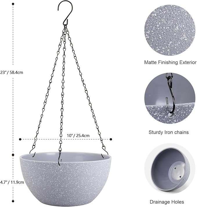 10 inch Hanging Planters for Indoor Outdoor Plants, 2 Pack Hanging Flower Pots with Drainage Holes and Chain for Garden Porch, Plastic Hanging Baskets for House Plants, Speckled Grey-Ruum Studio Home
