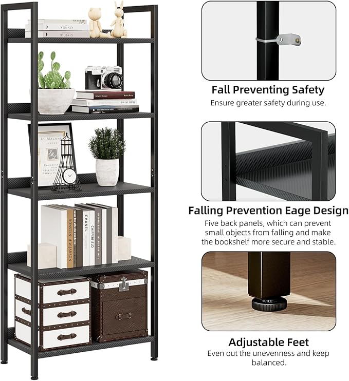 NUMENN Bookshelf, 5 Tier Bookshelves, Home Office Bookcase Shelf Storage Organizer, Free Standing Storage Shelving Unit for Bedroom, Living Room and Home Office, Carbon Fibre-Ruum Studio Home