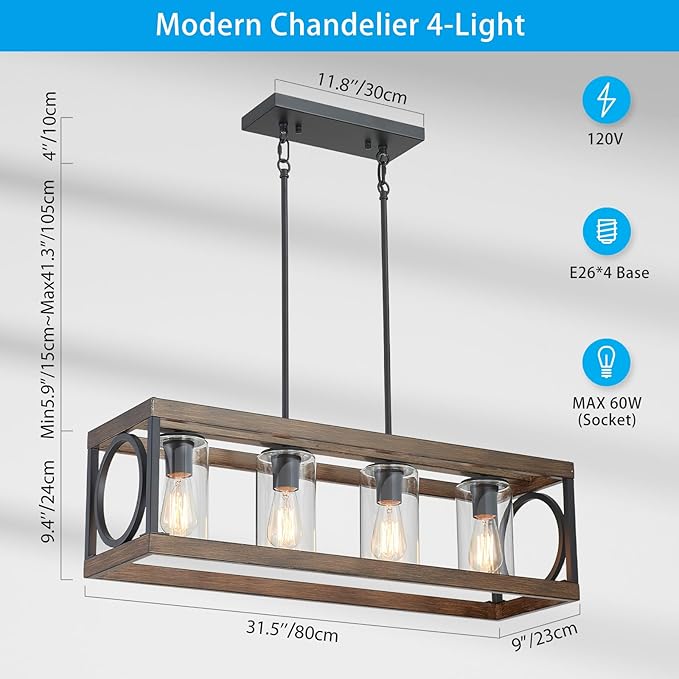 XINGQI Rectangle Chandeliers 31.5" Farmhouse Kitchen Island Lighting Fixture Over Table Modern Vintage Linear Hanging 4-Light for Dining Room Living Room Black Wood Grain Finish with Glass Lampshade-Ruum Studio Home