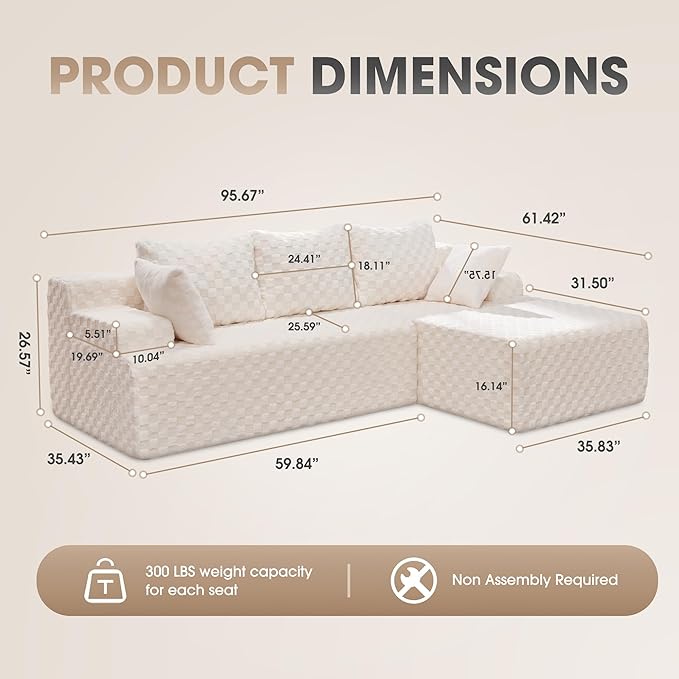 Hobestluk 96“ Modular Sectional Sofa Couches L-Shape Couch 3 Seat Modular Sofa Memory Foam Sectional Couches for Living Room, Cloud Couch with Oversized Chaise (White, Checked (Right Facing Chaise))-Ruum Studio Home