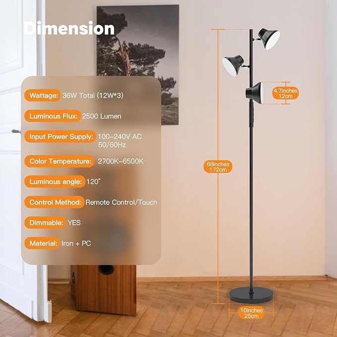 LED Floor Lamp, 36W Modern Floor Lamp with Remote & Touch Control, 4 Color Temperatures, Standing Lamp with 3 Rotatable Lights, Floor Lamps for Living Room, Bedroom, Office-Ruum Studio Home