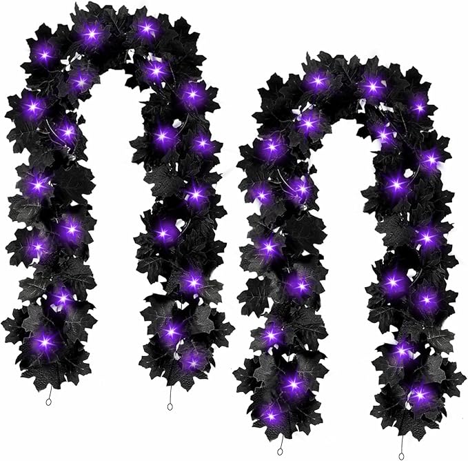 Joyhalo 2 Pack Halloween Garland with Lights, Black Maple Leaves Lighted Garland for Mantle, 5.7FT Light Up Leaf Autumn Vines Outdoor for Door Frame, Fireplace and Thanksgiving Fall Decor-Ruum Studio Home