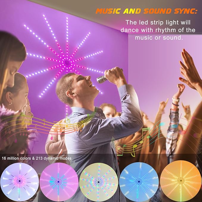 Smart Firework LED Lights Indoor, Music Sync LED Firework Lights with Firework Launch Effect, App and Remote Control, 11pcs LED Strip Lights with RGB Color Changing for Room, Festival Decor-Ruum Studio Home