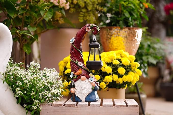 Gnome Garden Decor Statue Solar Gnomes Decorations for Yard with Lantern Light Outdoor Decorations for Patio Mom Gift-Ruum Studio Home