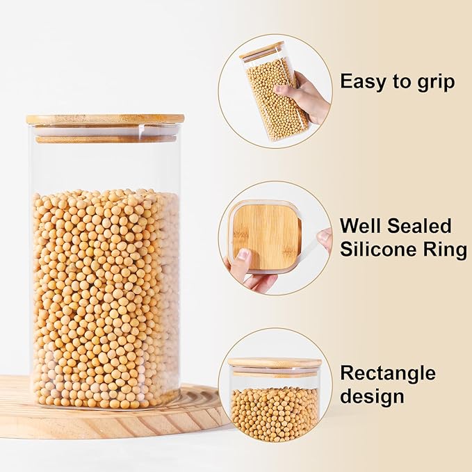 Glass Food Storage Jars with Lids(50oz)Square Set of 3 ,Glass Storage Containers Clear Glass Food Canister with Bamboo Lid Airtight For Serving Tea, Coffee Beans, Flour,Cookie, Cereal,Spice and More-Ruum Studio Home