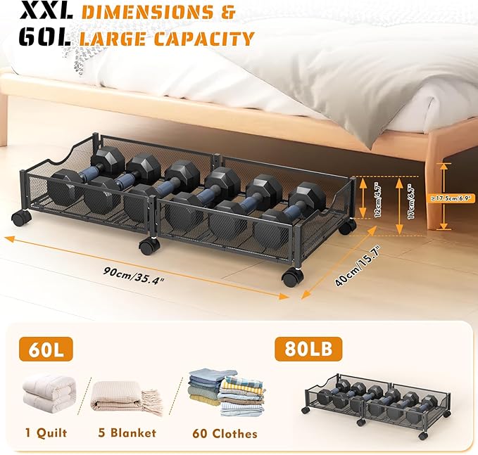 2 Pack Under Bed Storage with Wheels, 36" Lengthen Underbed Storage Containers with Lids, Large Capacity Under Bed Shoe Storage, Metal Clothes Organizer, Storage Box for Clothing Shoes Blankets Sheet-Ruum Studio Home
