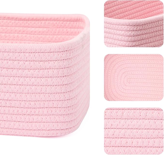 Small Storage Baskets for Organizing | Closet Organizer Bins | Shelf Toy Basket | Woven Rope Baskets | Cube Decorative Box | Shallow Basket | 11.5x7.5x4.7” | 4 Packs Light Pink-Ruum Studio Home