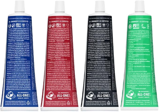 Dr. Bronner’s All-One Toothpaste 4-Pack Variety– (Peppermint, Spearmint, Cinnamon, Anise, 5oz Each)– 70% Organic Ingridients, SLS Free Toothpaste, Fluoride Free, Natural, Vegan, for Sensitive Teeth-Ruum Studio Home