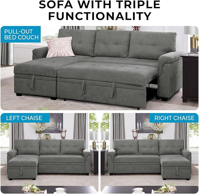 Naomi Home L-Shaped Reversible Sectional Sofa with Pull-Out Sleeper Bed and Storage Chaise, Gray Velvet-Ruum Studio Home