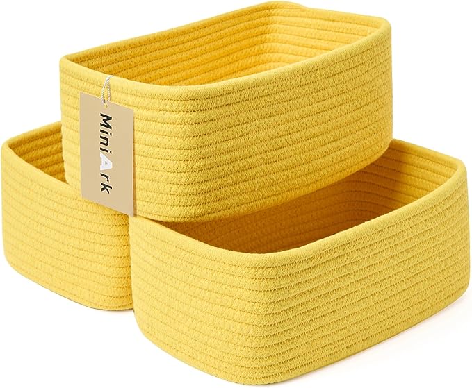 Small Storage Baskets for Organizing | Closet Organizer Bins | Shelf Toy Basket | Woven Rope Baskets | Cube Decorative Box | Shallow Basket | 11.5x7.5x4.7” | 3 Packs Yellow-Ruum Studio Home