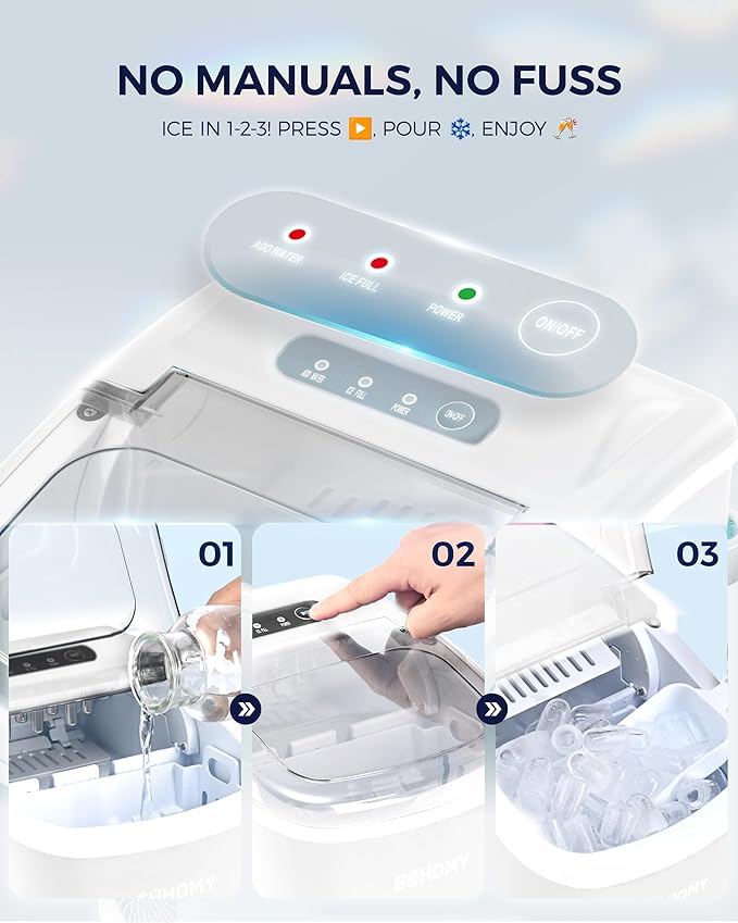 EUHOMY Countertop Ice Maker Machine with Handle, 26lbs Per Day, 9 Ice Cubes Ready in 6 Mins, Auto-Cleaning Portable Ice Maker with Basket and Scoop, for Home/Kitchen/Camping/RV (White)-Ruum Studio Home