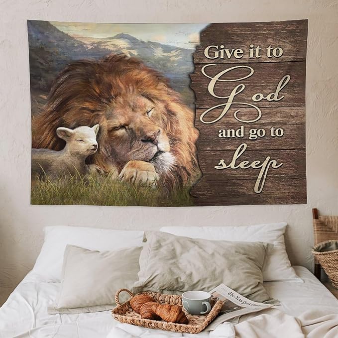 yowecso Lion and Lamb Tapestry Give It To God And Go To Sleep Tapestry Wall Hanging for Bedroom Christian Religious Tapestries Aesthetic Wall Decor for Home Dorm Living Room 40"x60"-Ruum Studio Home