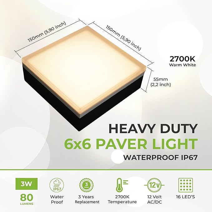 LUMENGY Paver Light 6×6 Inch (5.9 inch X 5.9 inch), Warm White Glare-Free Illumination for Driveways, Pathways, Pool Deck & Patios,12V AC/DC, Waterproof & Drive-Over Rated-Ruum Studio Home