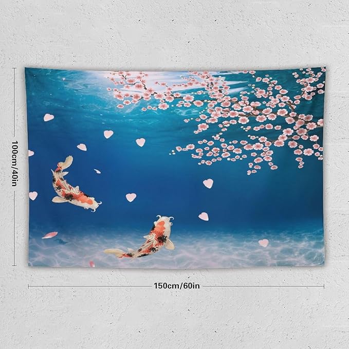 Japanese Koi Fish Tapestry, Cherry Blossoms Asian Oriental Blue Floral Branch Koi Fish Carp Tapestries Wall Hanging for Bedroom Living Room Office Decor 60"x40"-Ruum Studio Home