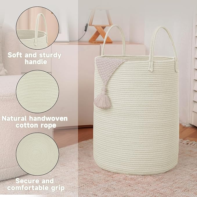 Large Woven Laundry Basket Hamper,80L Cotton Rope Storage Bin for Blankets,Toys and Clothes,Decorative Tall Nursery Hamper for Living Room,Baby Nursery,Bathroom and Bedroom,White-Ruum Studio Home
