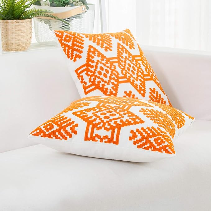 HWY 50 Orange Decorative Throw Pillow Covers 18x18 Inch, Pack of 2 Embroidered Cotton Farmhouse Cushion Cover Pillow Case for Sofa Couch Living Room Bed Bedroon, Modern Diamond Geometric-Ruum Studio Home