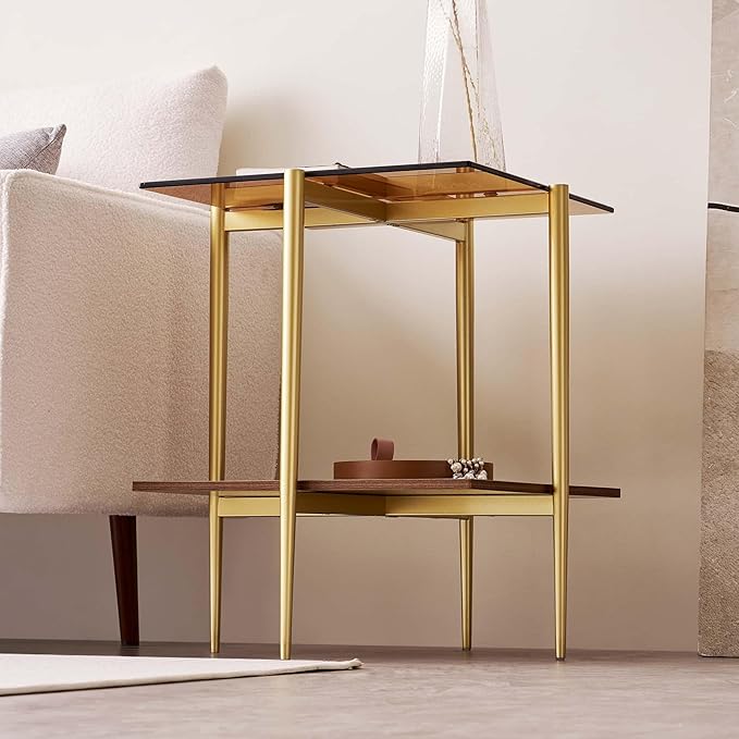 Glass End Table, Mid-Century Modern Design Sofa Table, L41 x W21 x H17, for Living Room, 2-Tier Structure, Clear Glass Top and Walnut MDF Shelf, Sleek Conical Metal Legs with Gold Finish Frame-Ruum Studio Home