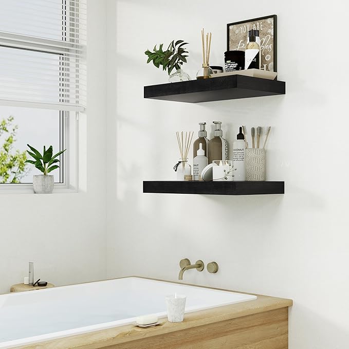 Heimlove Black Bathroom 12'' Deep Floating Shelves for Wall - Shelf Over Toilet Wall Mounted Farmhouse 24 inches,Rustic Wood Shelves Decor & Storage,Set of 1-Ruum Studio Home