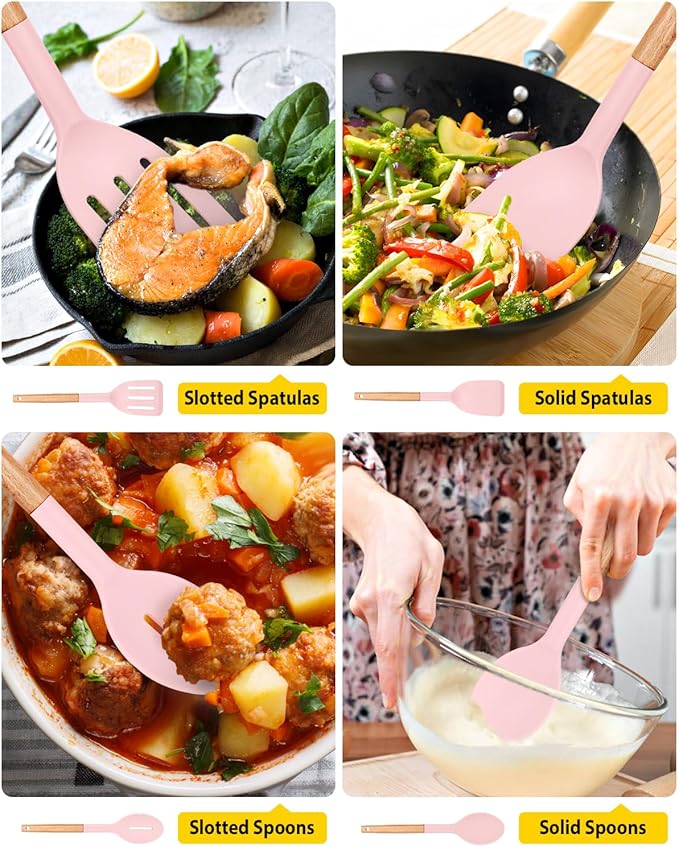 Pack of 4 Silicone Cooking Utensils Set, Non Stick Solid Spatulas and Heat Resistant Slotted Spoons with Wooden Handle, Ideal Wood Kitchen Utensils Set for Frying,Serving,Turning,Stirring (PINK)-Ruum Studio Home