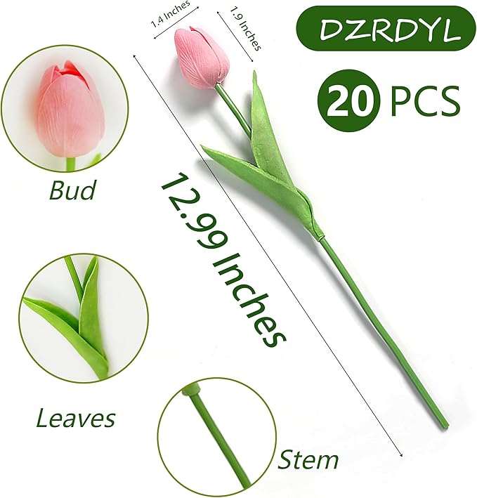 20pcs Pink Artificial Tulip Fake Flower 12.9 Inch Spring Mother's Day Easter Gift for Home Kitchen Wedding Decoration-Ruum Studio Home