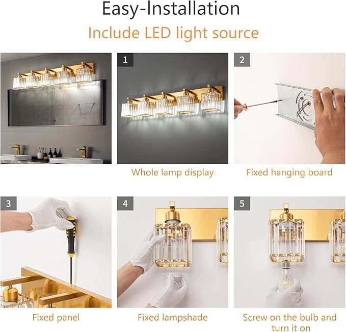 Modern 5-Light Gold Brushed Brass Finish Crystal Wall Light for Bathroom Vanity-Ruum Studio Home
