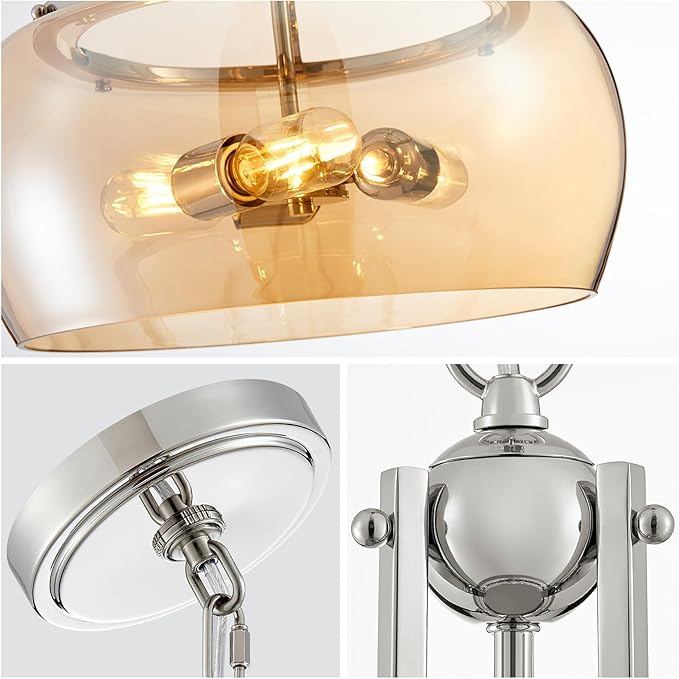 WUZUPS Nickel Chandelier Rustic Farmhouse Industrial Round Ceiling Pendant LED Light Fixture with Amber Glass Shade for Dining Room Kitchen Island Foyer Entryway, H 20.9" W 15.9", E26 Base-Ruum Studio Home