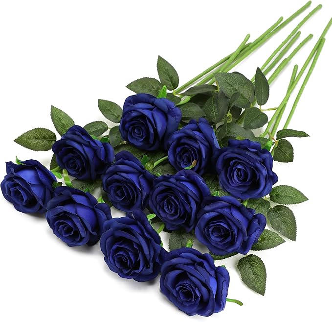 Blue Fake Roses Artificial Flowers - 10 Pcs Fake Artificial Roses Silk Flowers with Stems for Home Wedding Hotel Office Centerpiece Decor（Navy Blue）-Ruum Studio Home