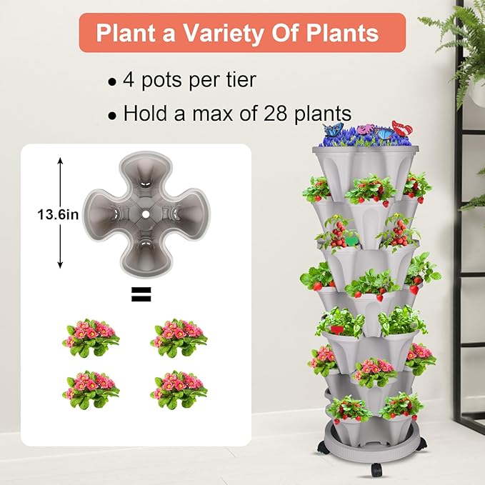Vertical Planter, 7 Tier Stackable Strawberry Planter with Garden Tool Set, Movable Indoor/Outdoor Garden Herb Pot for Growing Vegetables and Succulents, Gray-Ruum Studio Home