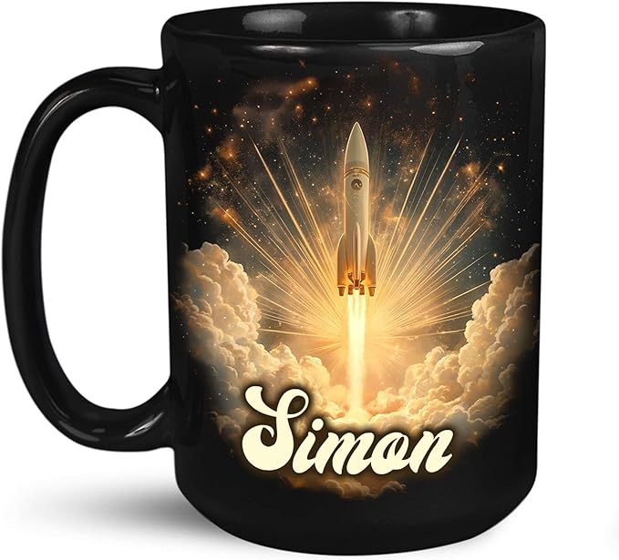 Sci-Fi Inspired Ceramic Mug for Men, Custom Name Coffee Mug 11oz or 15oz, Personalized Rocket Enthusiast Black Cup, Custom Vibrant Rocket Coffee Cup, Gifts for Astronaut Fans-Ruum Studio Home