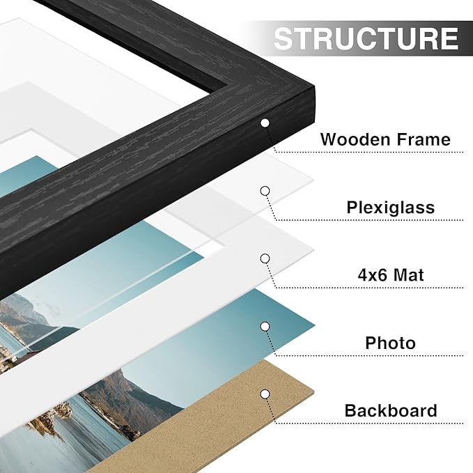 Vittanly 6x8 Picture Frames Set of 9, Shatter Resistant Plexiglass, Display 4x6 Pictures with Mat or 6x8 without Mat, Photo Frames for Wall or Tabletop, Engineered Wood, Black-Ruum Studio Home