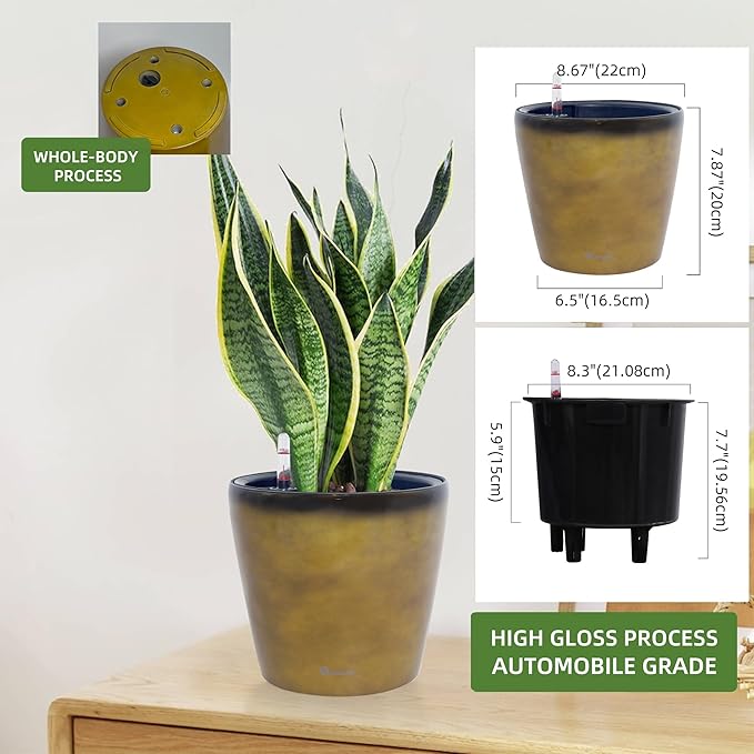Dexceder 9x8 Inches Self Watering Planter Indoor Outdoor, Inner Pot Design, Thickened Table Flower Plant Pot with Water Level Indicator (Yellow Brown Gradient)-Ruum Studio Home