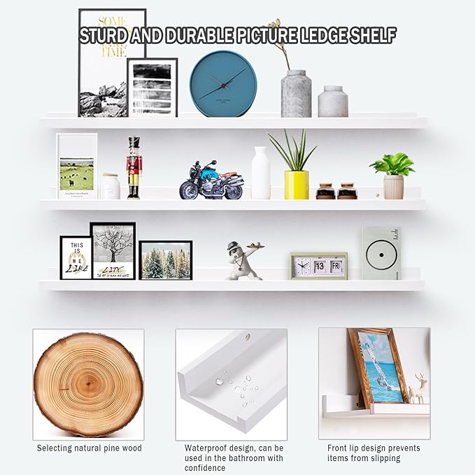 AZSKY 48 Inch White Large Picture Ledges Wood Photo Display Shelf Long Shallow Picture Shelf for Pictures with Lip Wall Mounted Set of 3 for Living Room Bedroom Bathroom Kitchen Same Sizes-Ruum Studio Home