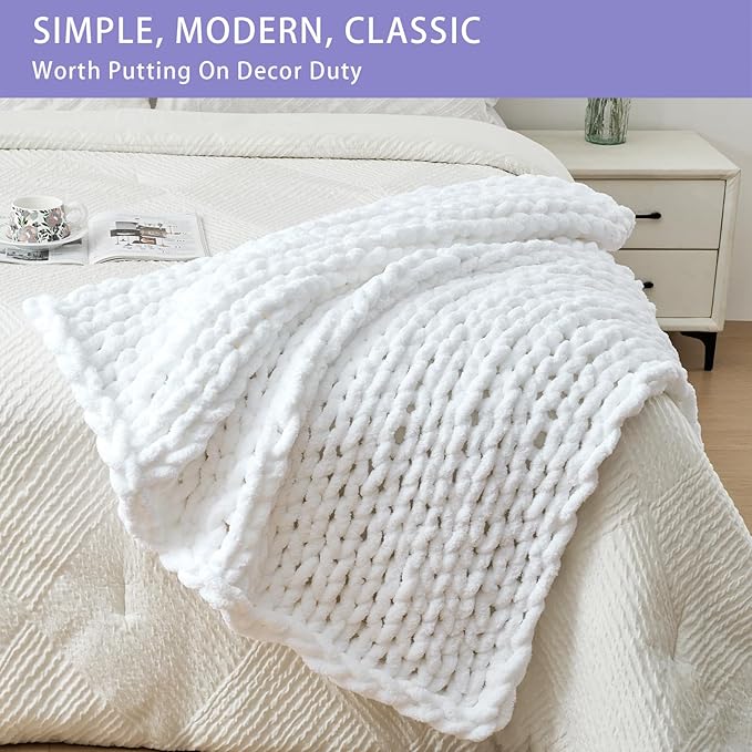 Bigacogo Chunky Knit Throw Blanket for Couch, 40x40 inches, 100% Hand Knitted with Thick Jumbo Chenille Yarn, Cozy Soft Large Rope Knot Cable Crochet Blankets for Sofa Bed Living Room, White-Ruum Studio Home