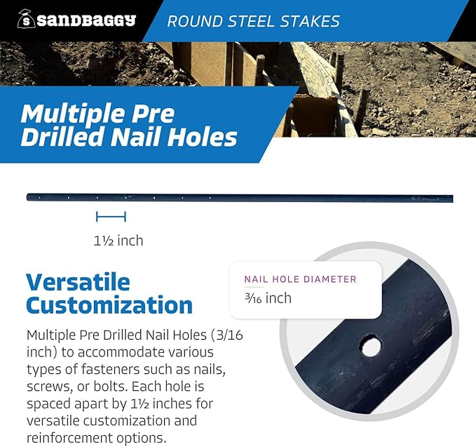 Sandbaggy Round Steel Concrete Form Stakes with Nail Holes - Rust Resistant Coating - Removable, Reusable (25, 3/4 in X 48 in)-Ruum Studio Home