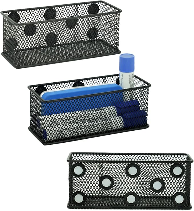 Neudeco Magnetic Locker Organizer and Accessories，Wire Mesh Magnetic Storage Basket ,Magnetic Holder for Dry Erase Markers,Strong Magnet Pen Holder for Fridge School,Pack 3 (Black)-Ruum Studio Home