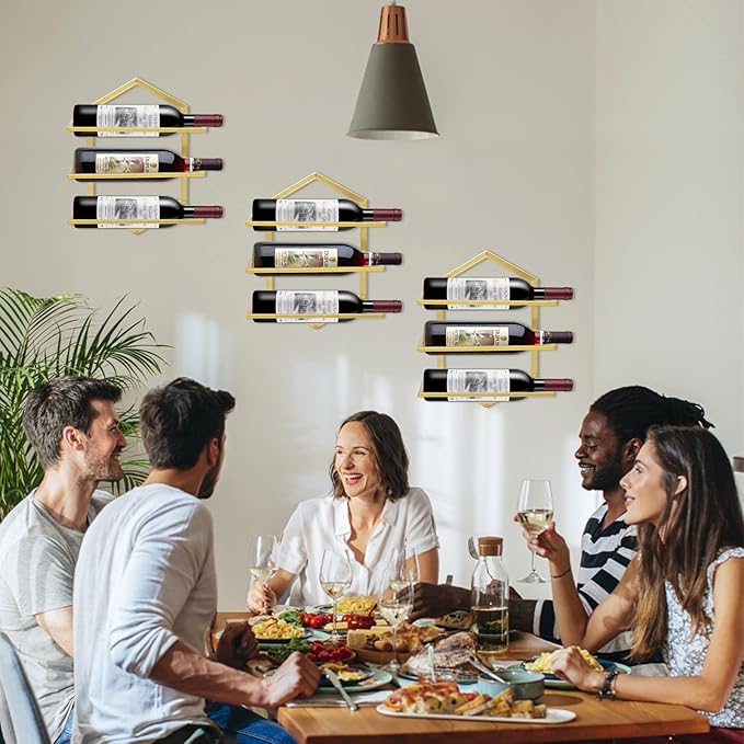 2Pcs Wall Mounted Wine Stemware Rack, Metal Hanging Wine Glass Display Holde Holds 3 Bottles, Elegant Storage for Kitchen Dining Room Bar Wine Cellar (Gold)-Ruum Studio Home